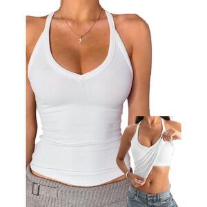 V Neck Racerback Built-in Bra Tank Tops for Women Trendy Cotton Ribbed